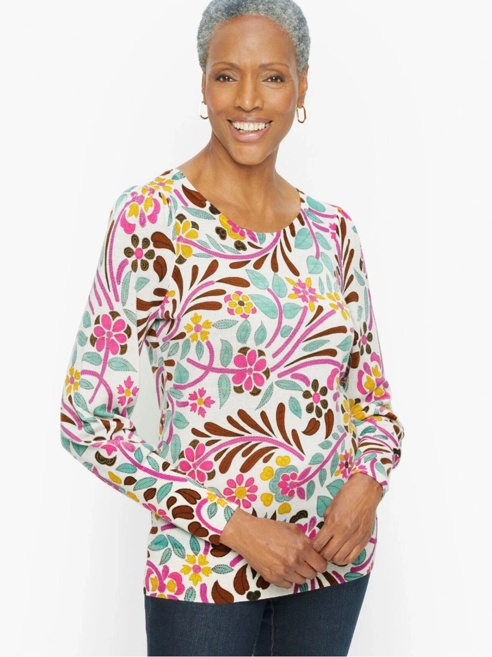Talbots Pure Merino Wool Floral Sweater XL Petite Multicolor Botanical Crewneck